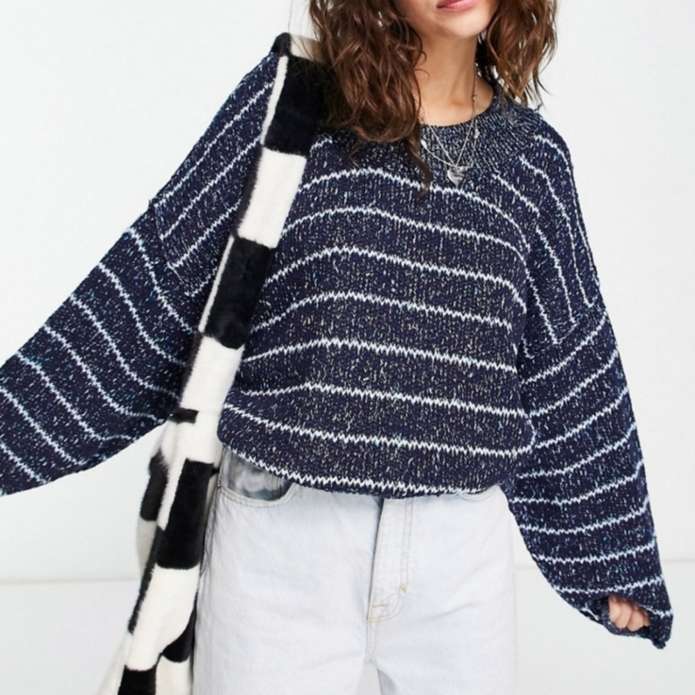 Free People Starlight Blue Striped Ribbed Knit Pullover Oversized Sweater